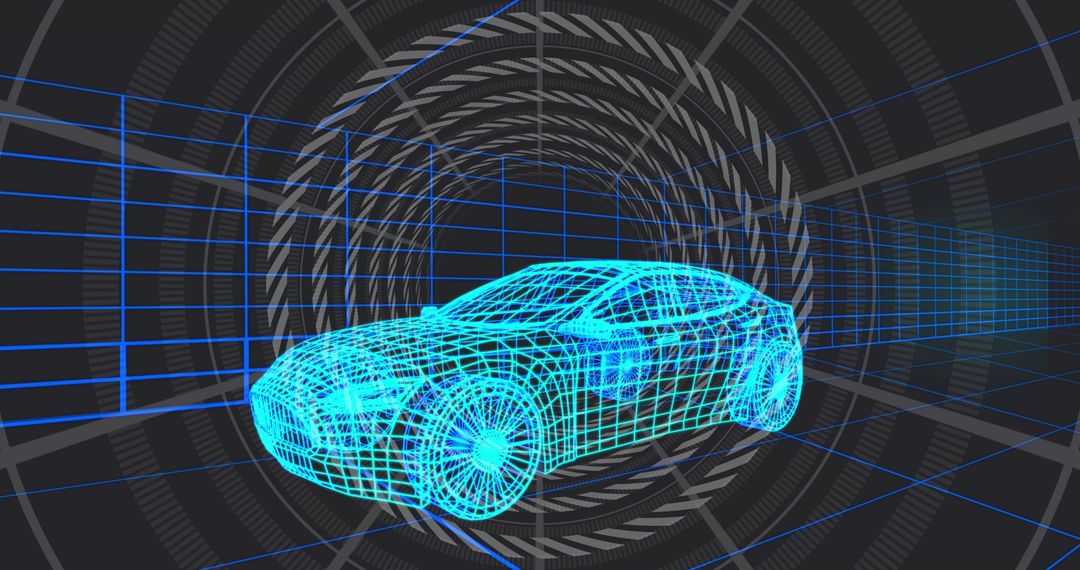 Futuristic Wireframe Car in Virtual Tunnel