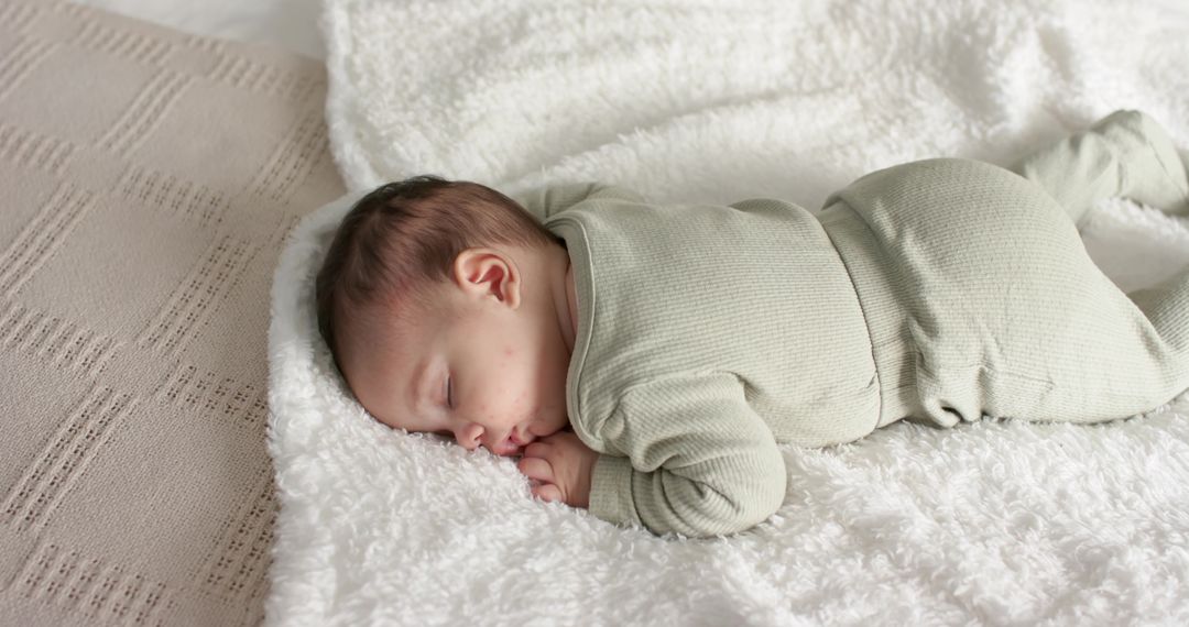 Sleeping Infant on Plush White Blanket in Nursery Setting