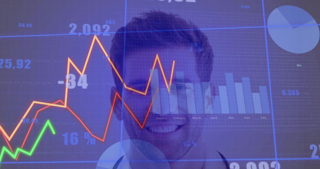 Smiling Businessman Blending with Financial Dashboard Overlay Showing Growth Analytics