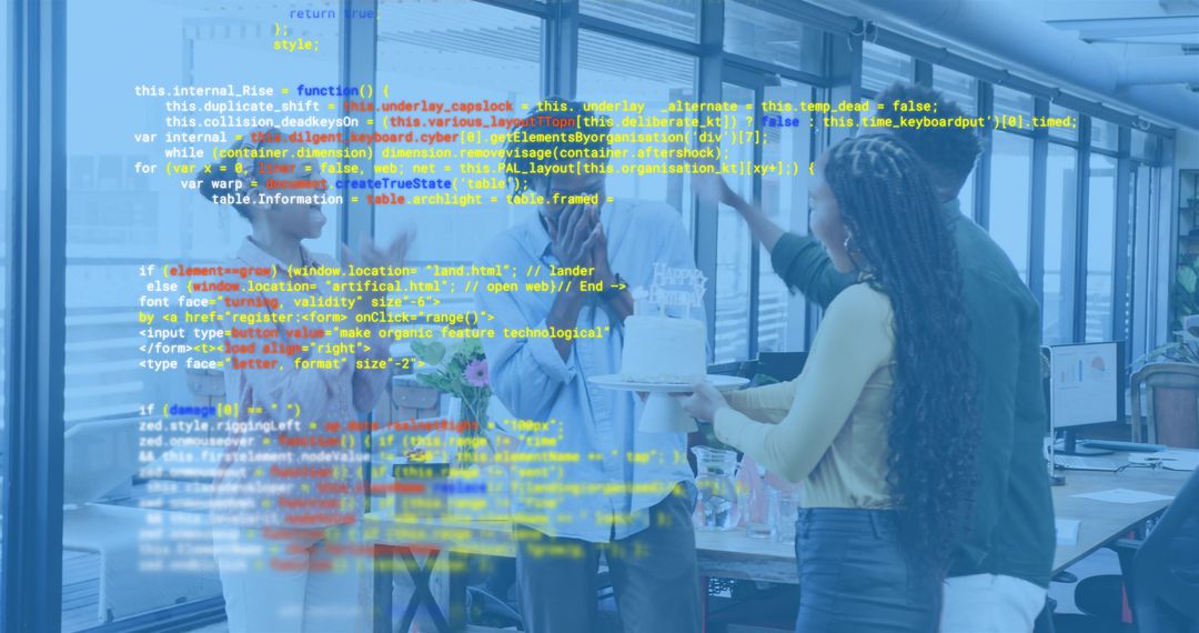 Tech Team Celebrating Office Birthday with Cake and Code Overlay for Collaborative Culture