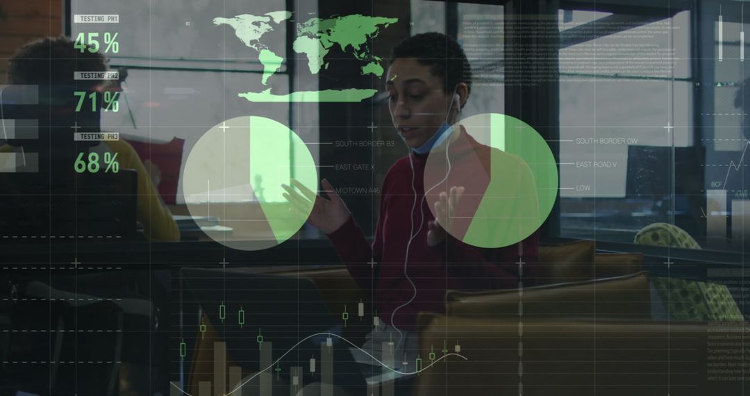 Woman Engaging in Video Call with Virtual Data Overlay in Modern Office