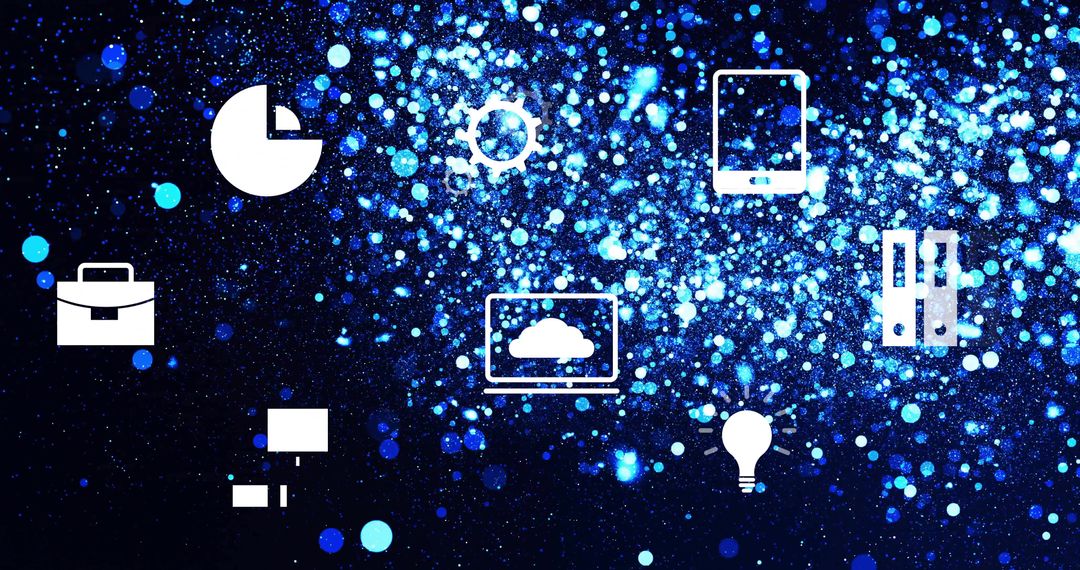 Floating white tech and business icons over deep blue sparkling bokeh cloud network