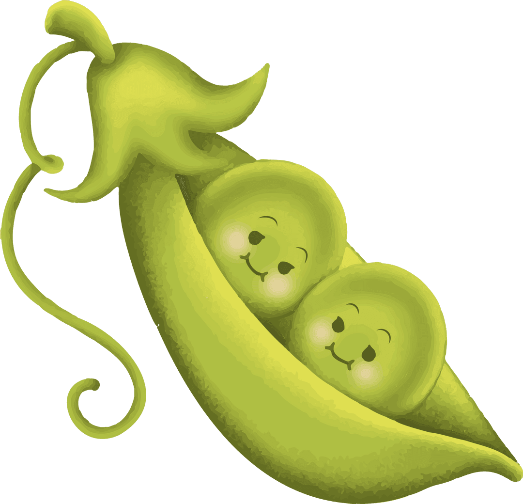 Whimsical Cartoon Pea Pod with Smiling Peas on Transparent Background
