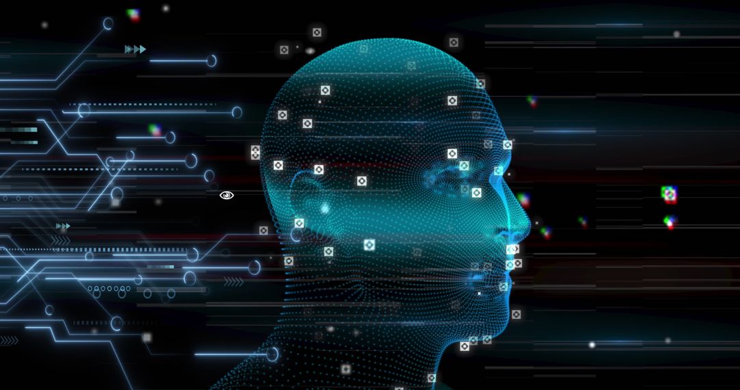 Digital Head Encompassed by Data and Icons on Futuristic Technology Background
