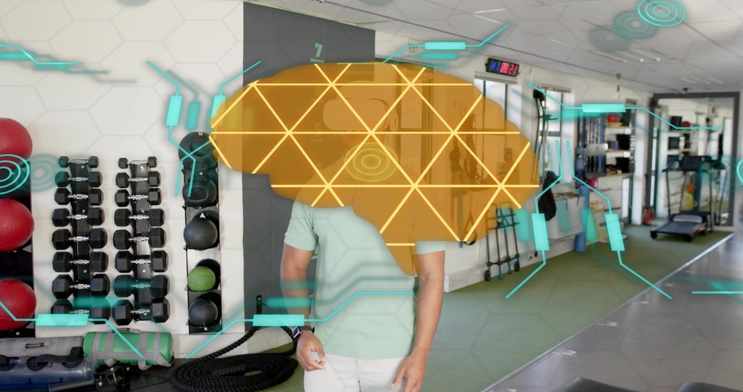 Male Wearing Mint Polo Interacting with Holographic Brain Overlay in High-Tech Gym