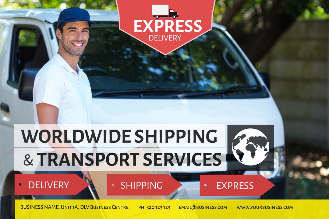 Promote logistics services, a smiling delivery man beside a van ...