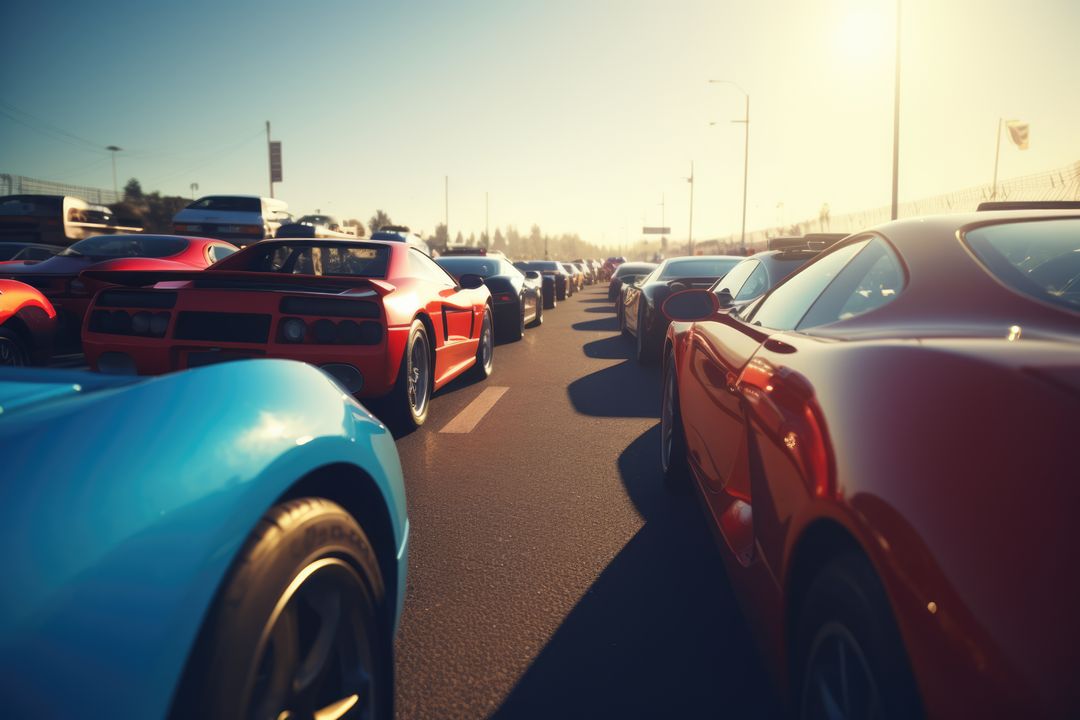 Line of Sports Cars in Race at Sunset - Free Images, Stock Photos and Pictures on Pikwizard.com