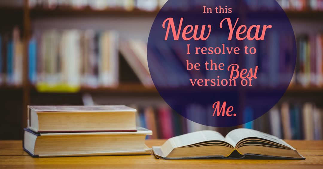 Open Book in Library with New Year Self-Improvement Message