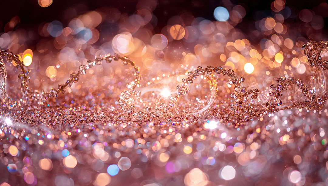 Rose Gold Crystal Bead Garland Sparkling on Glitter Surface with Warm Bokeh Lights