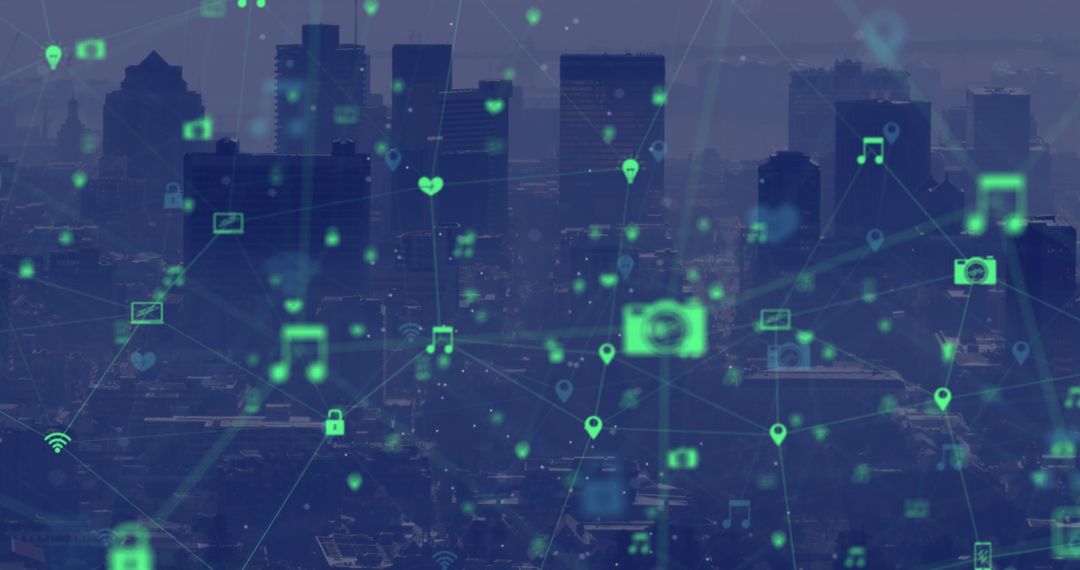 Digital Icons Network Over City: Technological Growth Concept