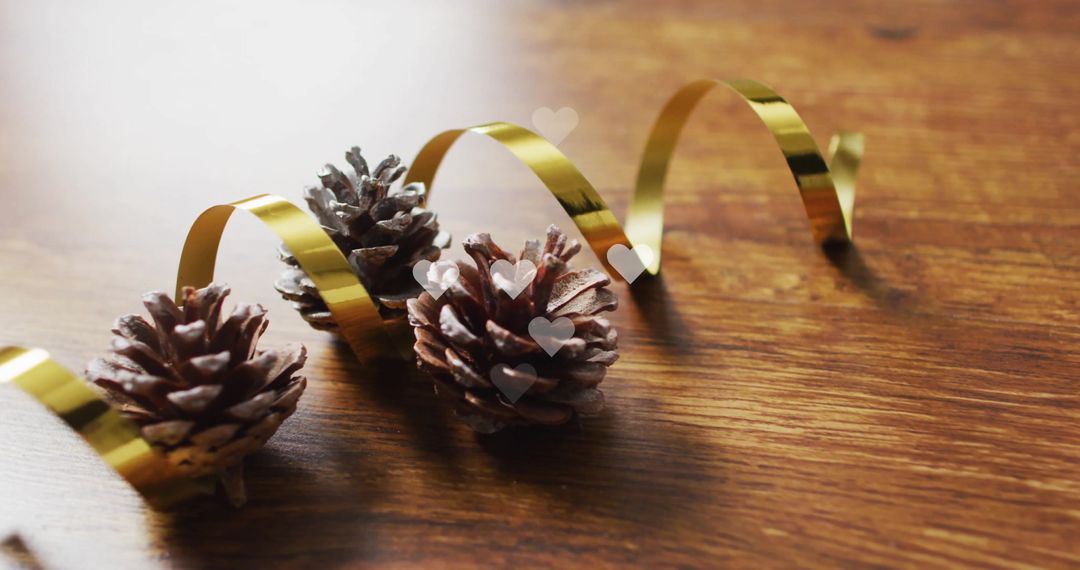 Festive Pine Cones with Golden Ribbons on Wooden Surface