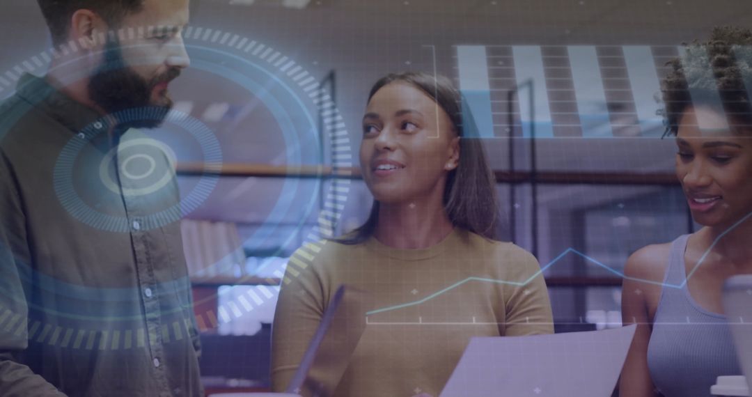 Team Analyzing Data with Futuristic Chart Overlays