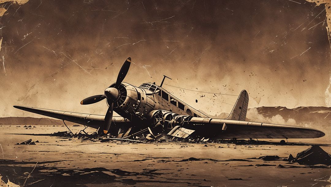 Vintage plane crash wreckage on desert landscape