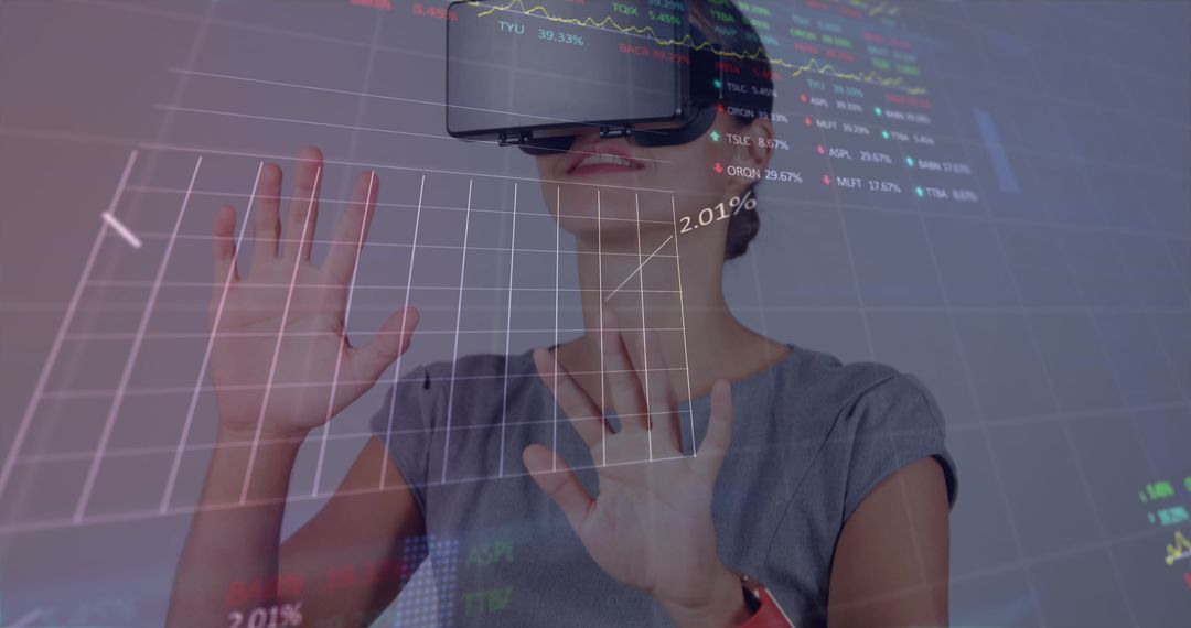 Businesswoman Analyzing Financial Data in VR Environment