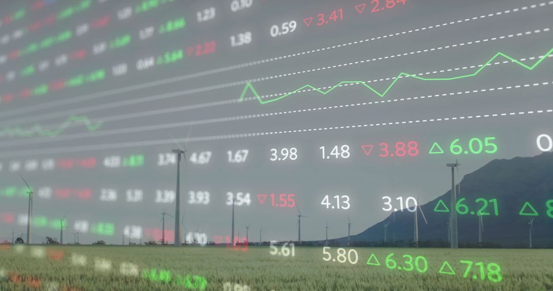 Wind Turbines with Stock Market Data Overlay in Mountainous Region