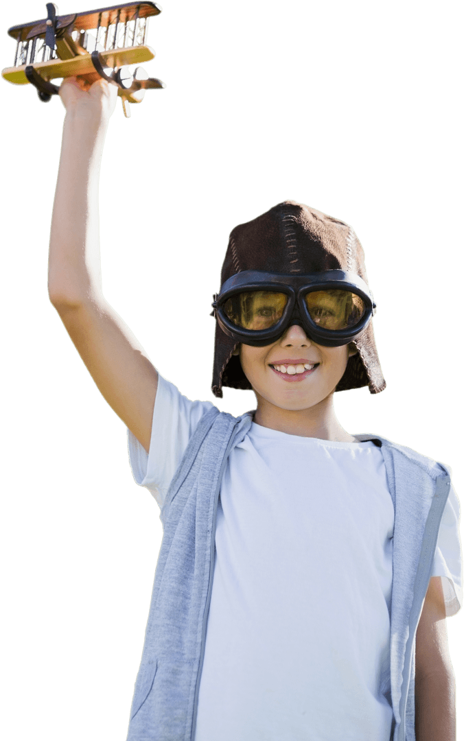 Transparent Boy with Goggles holding Toy Airplane in Adventure