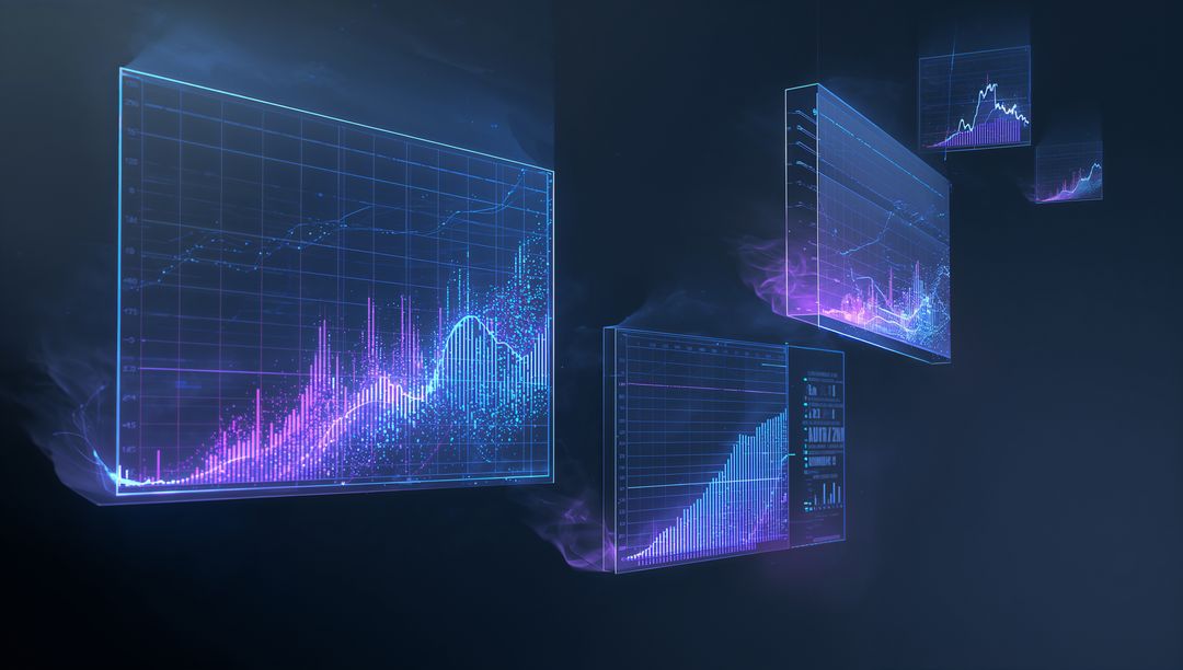 Floating Holographic Data Dashboards with Neon Line and Bar Graphs in Dark Virtual Space