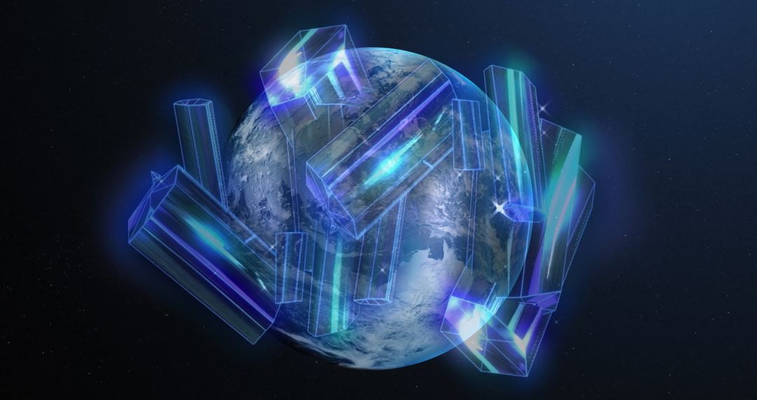 Futuristic Earth Clouds by Glowing Holographic Prisms in Space