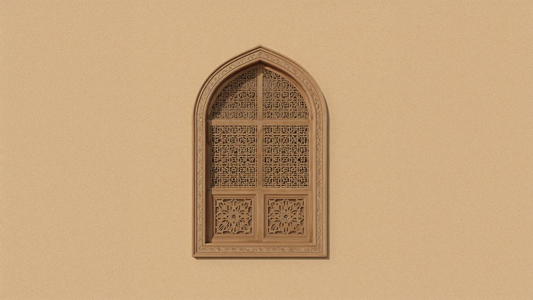 Ornate Arched Lattice Window on Stucco Wall