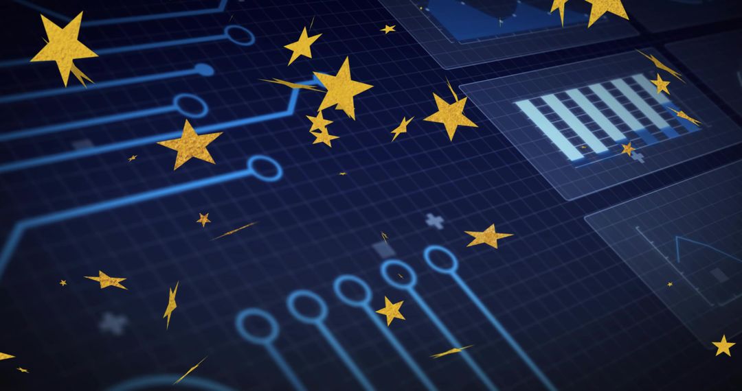 Golden Stars Floating Over Futuristic Circuit Dashboard with Neon Grid
