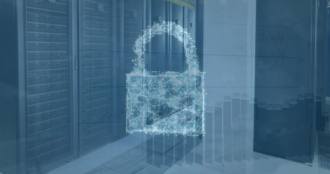Cybersecurity Icon Over Servers with Data Analysis Concept