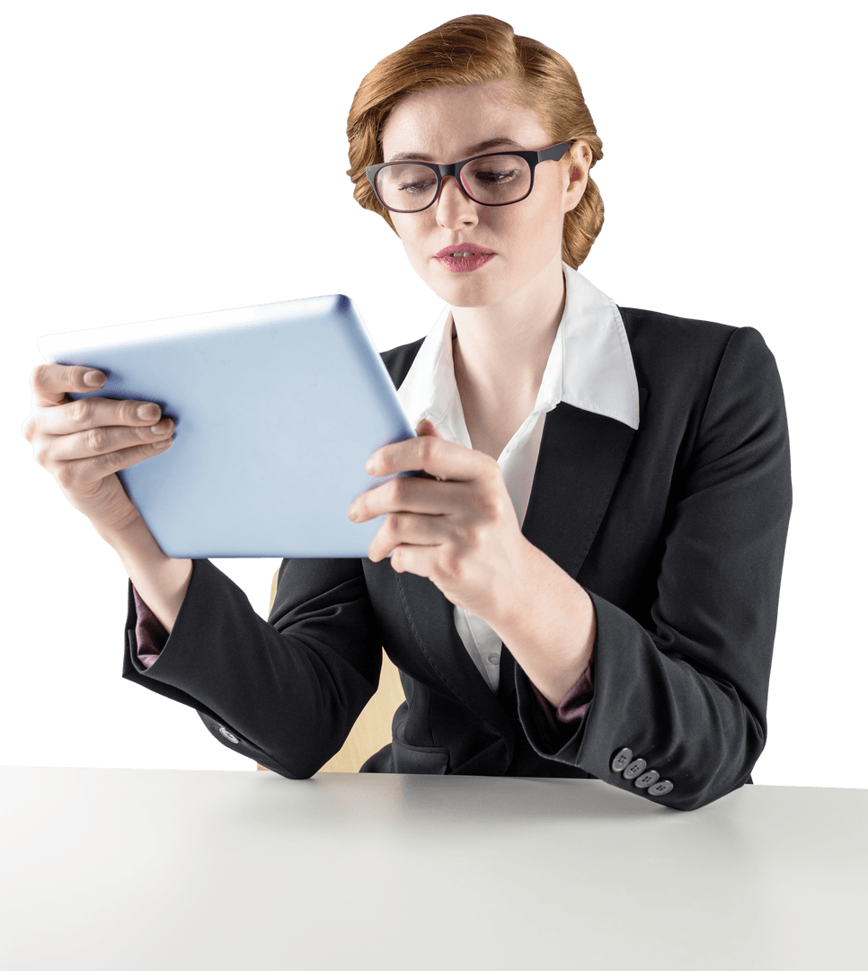 Transparent Redhead Businesswoman Using Tablet for Productivity