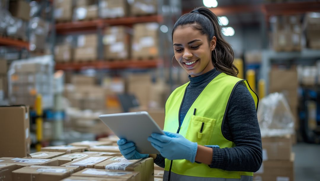 Warehouse Worker Scans Boxes in High-Tech Facility with Tablet