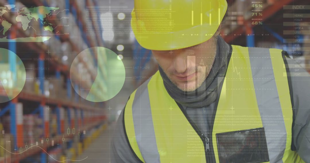 Warehouse Worker with Financial Data Overlay Symbolizing Global Logistics