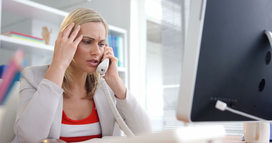 Stressed Businesswoman on Phone Call at Office Desk - Free Images, Stock Photos and Pictures on Pikwizard.com