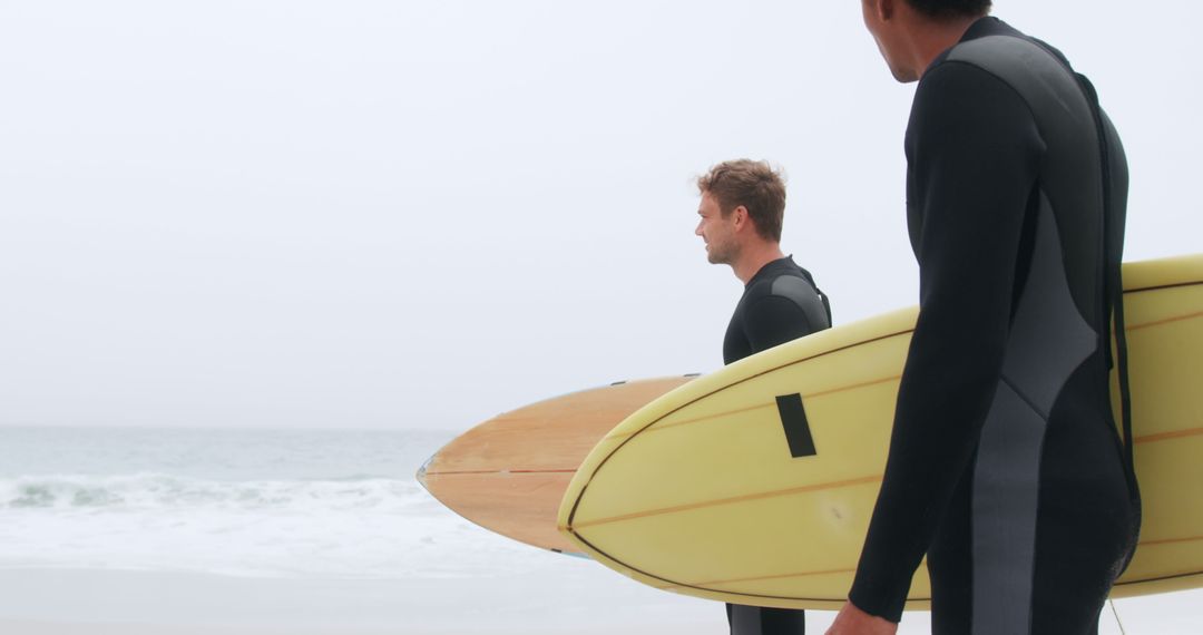 Surfer Friends Preparing for Ocean Waves Adventure