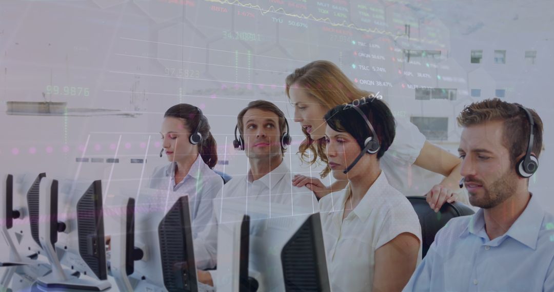 Call Center Team Analyzing Financial Data on Multiple Monitors