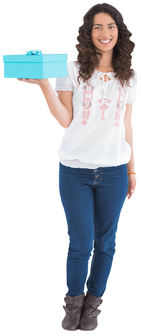 Transparent Image of Woman Holding Gift Box with Smile