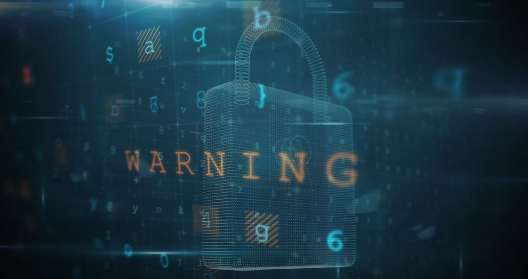 Cybersecurity Digital Lock with Warning Sign in Virtual Space
