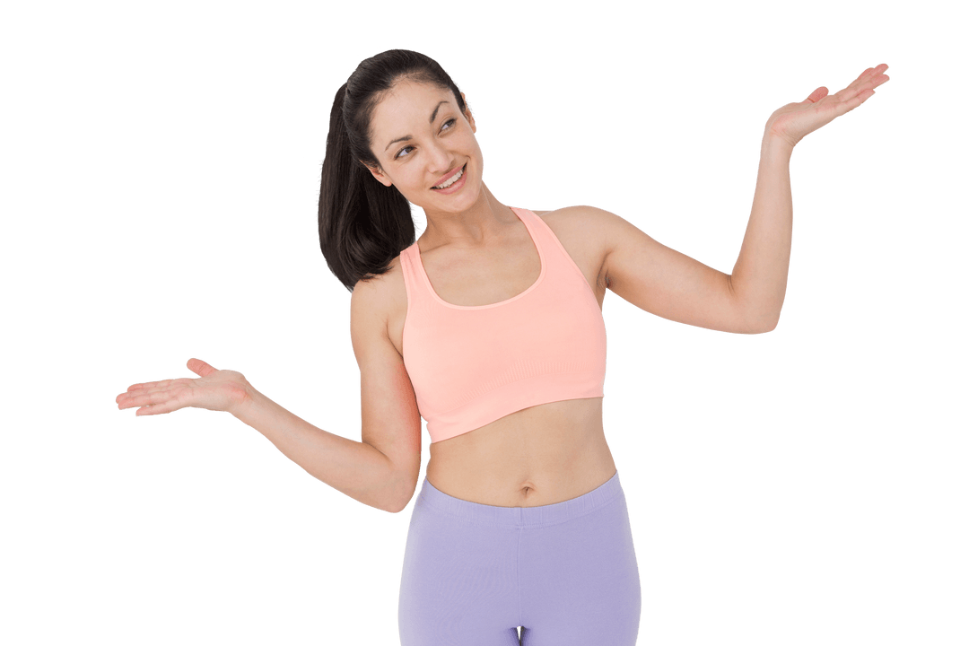 Joyful Fit Woman in Athleisure Balancing with Open Hands Transparent