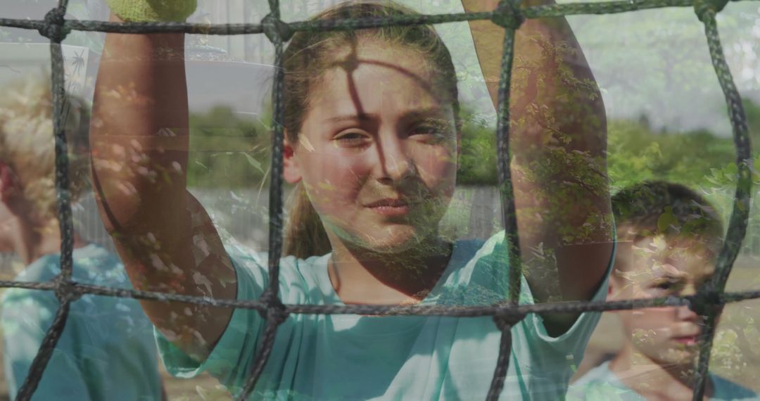 Youth Athletics Team Standing Behind Net on Sunny Field