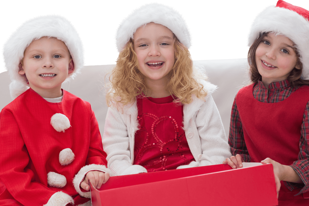 Smiling Children with Santa Hats on Transparent Background