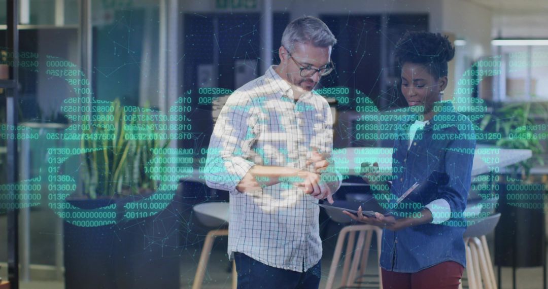 Technology Experts Collaborating with Digital Data Overlay in Office