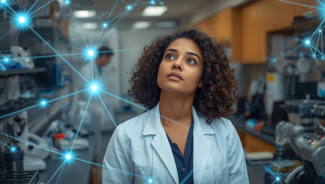 Innovative Female Scientist Contemplating Network Technology in Laboratory