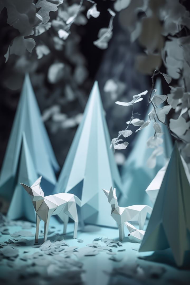 White and blue origami forest and woodland animals at night, created using generative ai technology - Free Images, Stock Photos and Pictures on Pikwizard.com