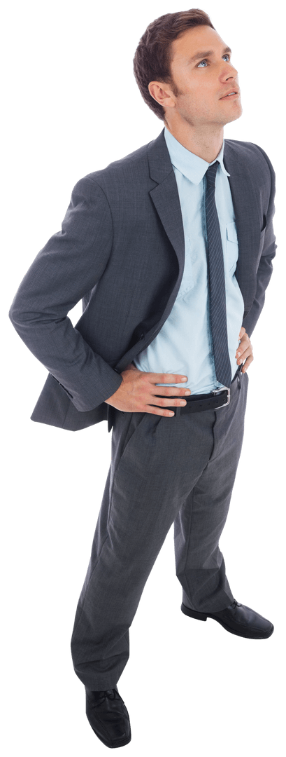 Transparent Thinking Businessman Standing Hands On Hips
