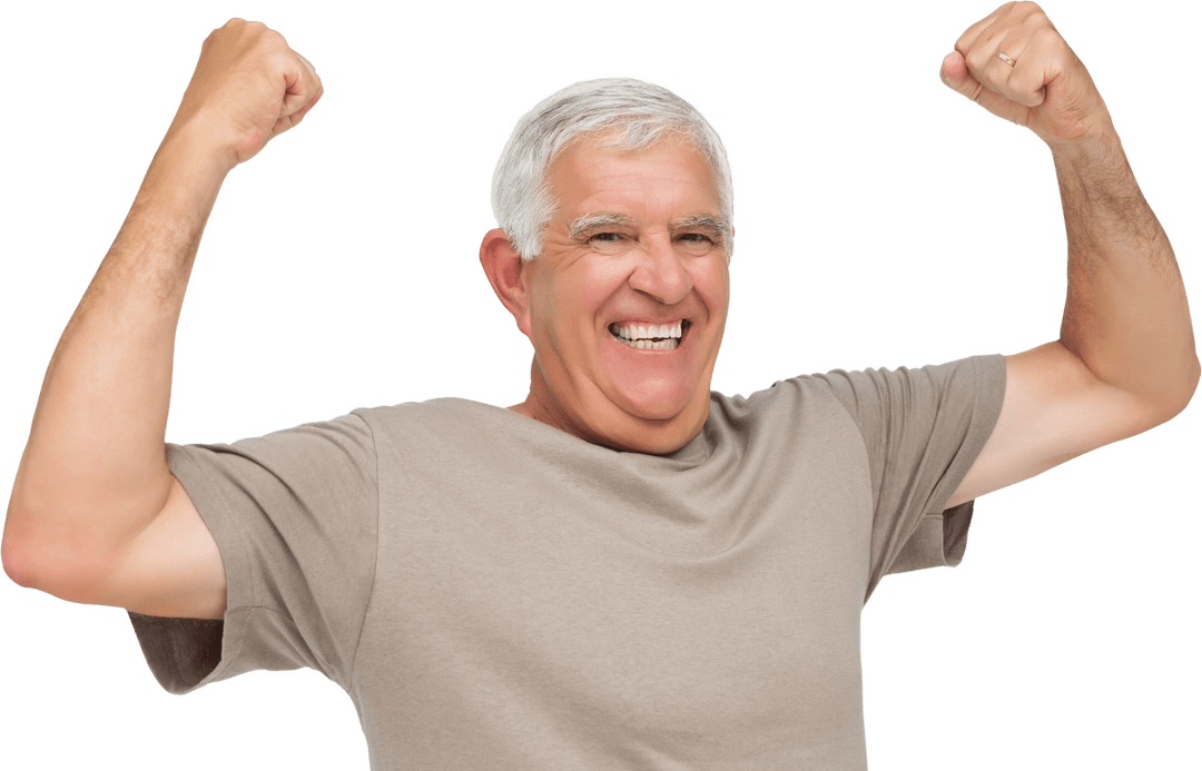 Cheerful Senior Man Raising Clenched Fists Transparent Background