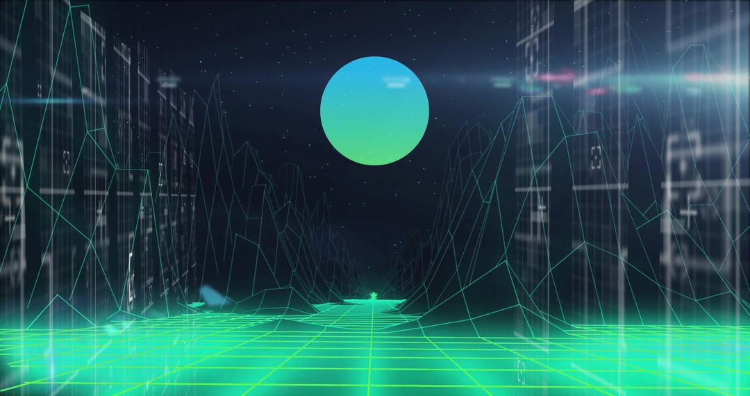 Futuristic Journey Through Neon Virtual Landscape with Digital Orb