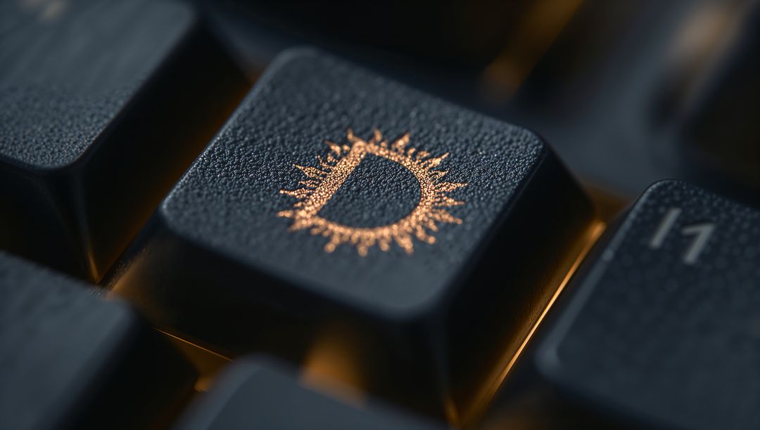 Macro closeup textured D keycap with sunburst engraving and amber backlight glow