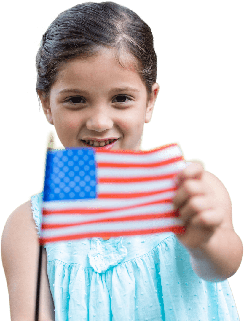 Cheerful Girl Celebrating with US Flag on Transparent Background