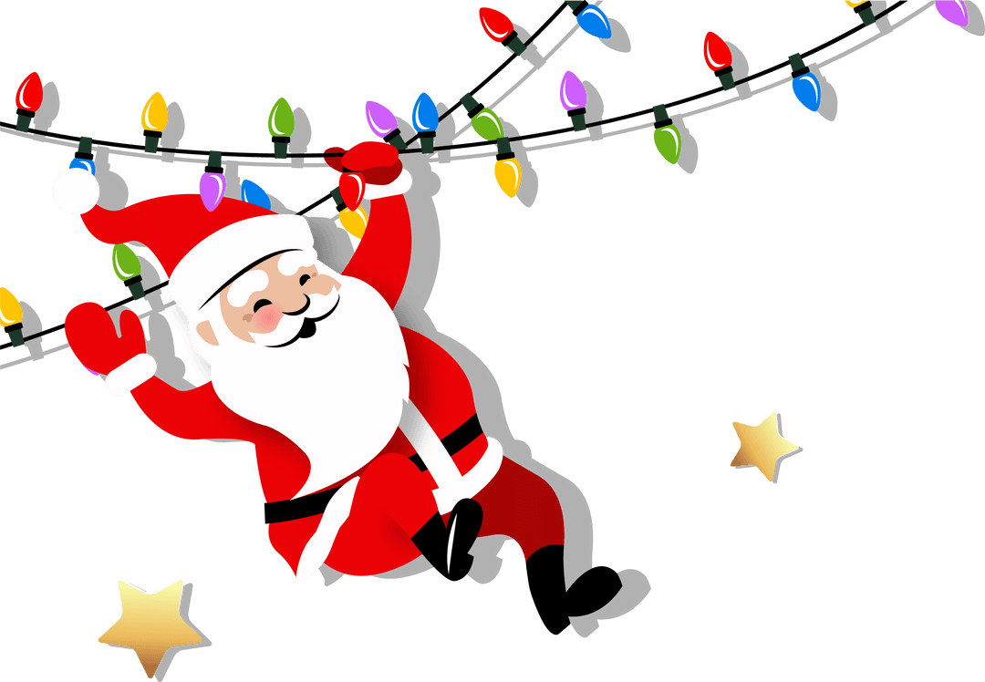 Santa Cartoon Swinging from Holiday Lights with Stars Transparent Background