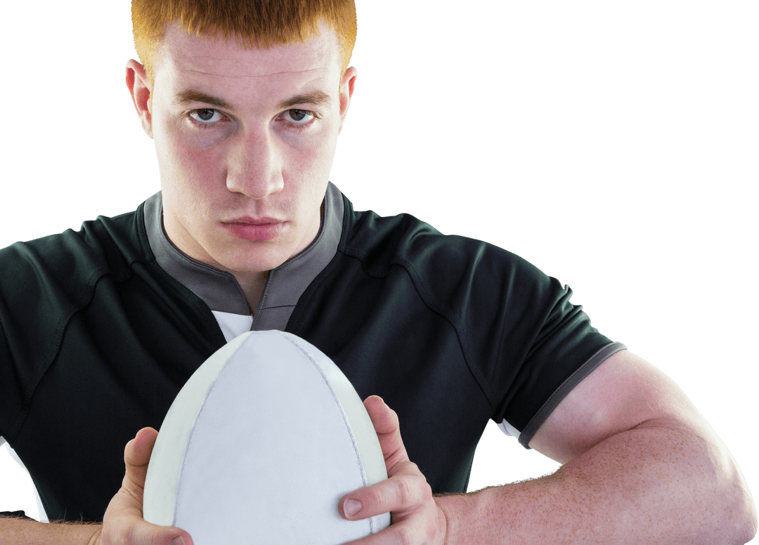 Rugby Player Holding Ball with Determined Expression Transparent Background