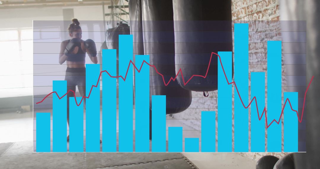 Fitness Enthusiast Training with Data Overlay in Boxing Gym