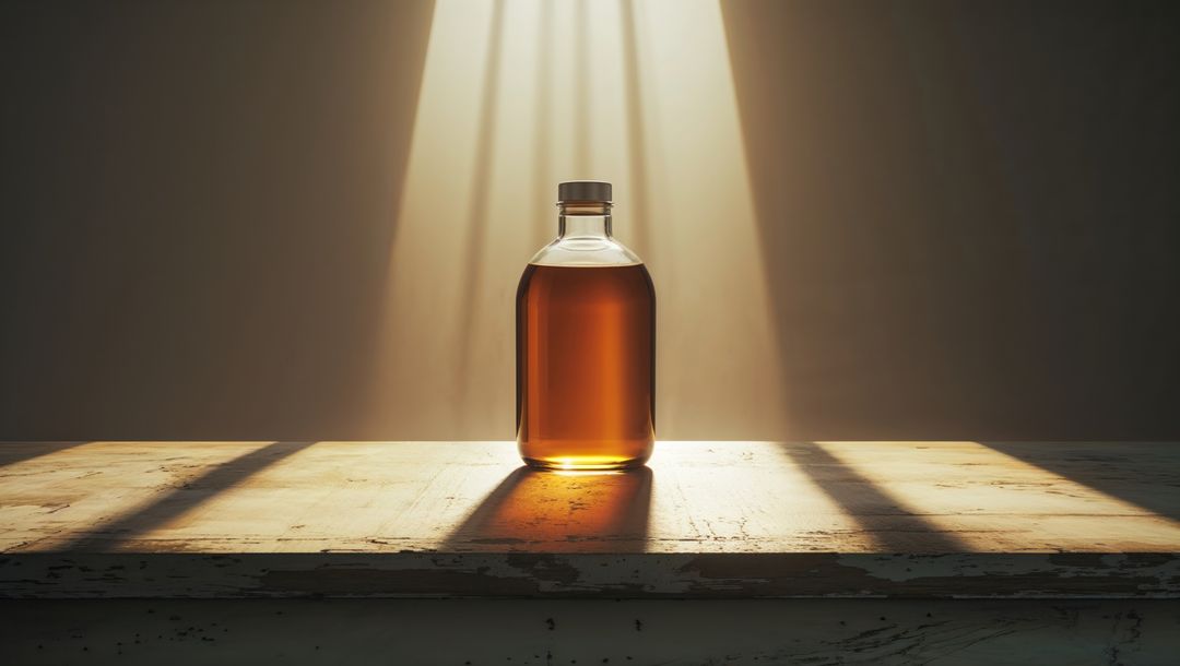 Rustic antique bottle of corn syrup casting ethereal shadows on old wooden surface