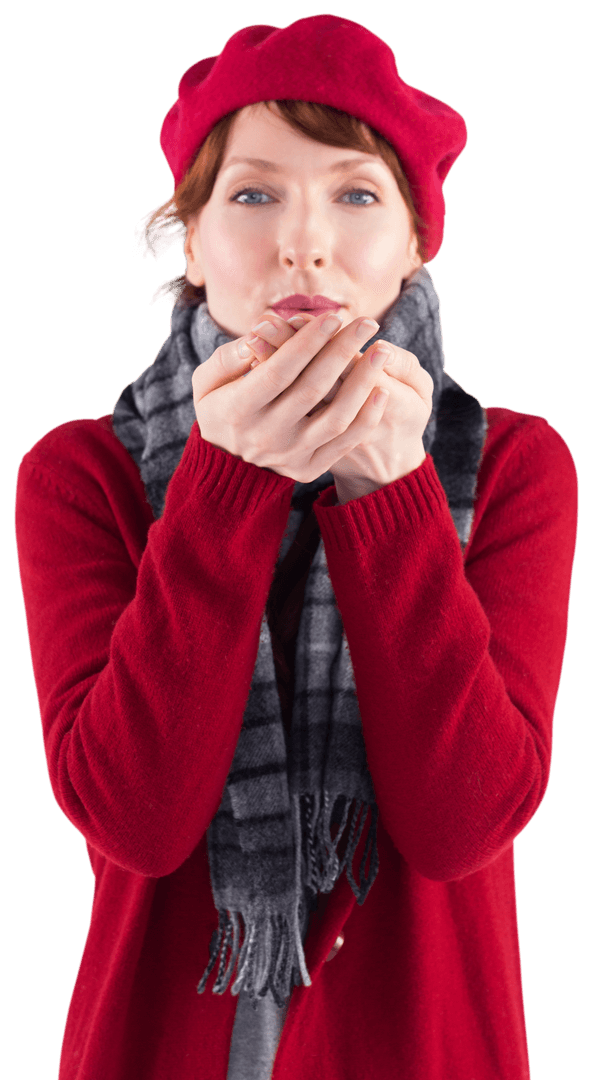 Joyful Woman in Red Outfit Blowing Kiss Transparent Background