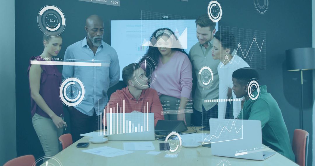 Diverse Team Collaborating on Data Analytics Strategy in Modern Office